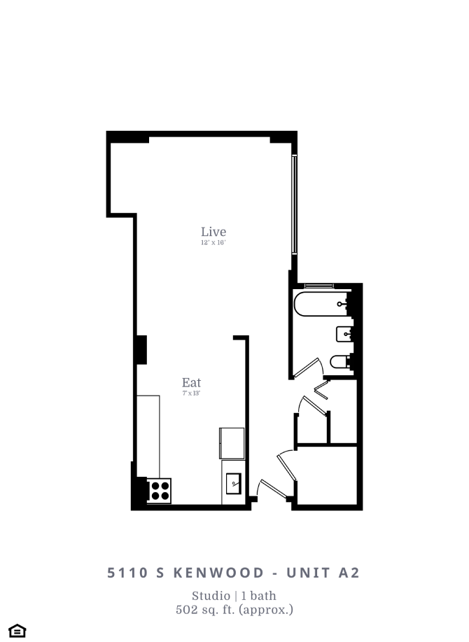 Floor plan for studio, 1 bath, 502 sqft